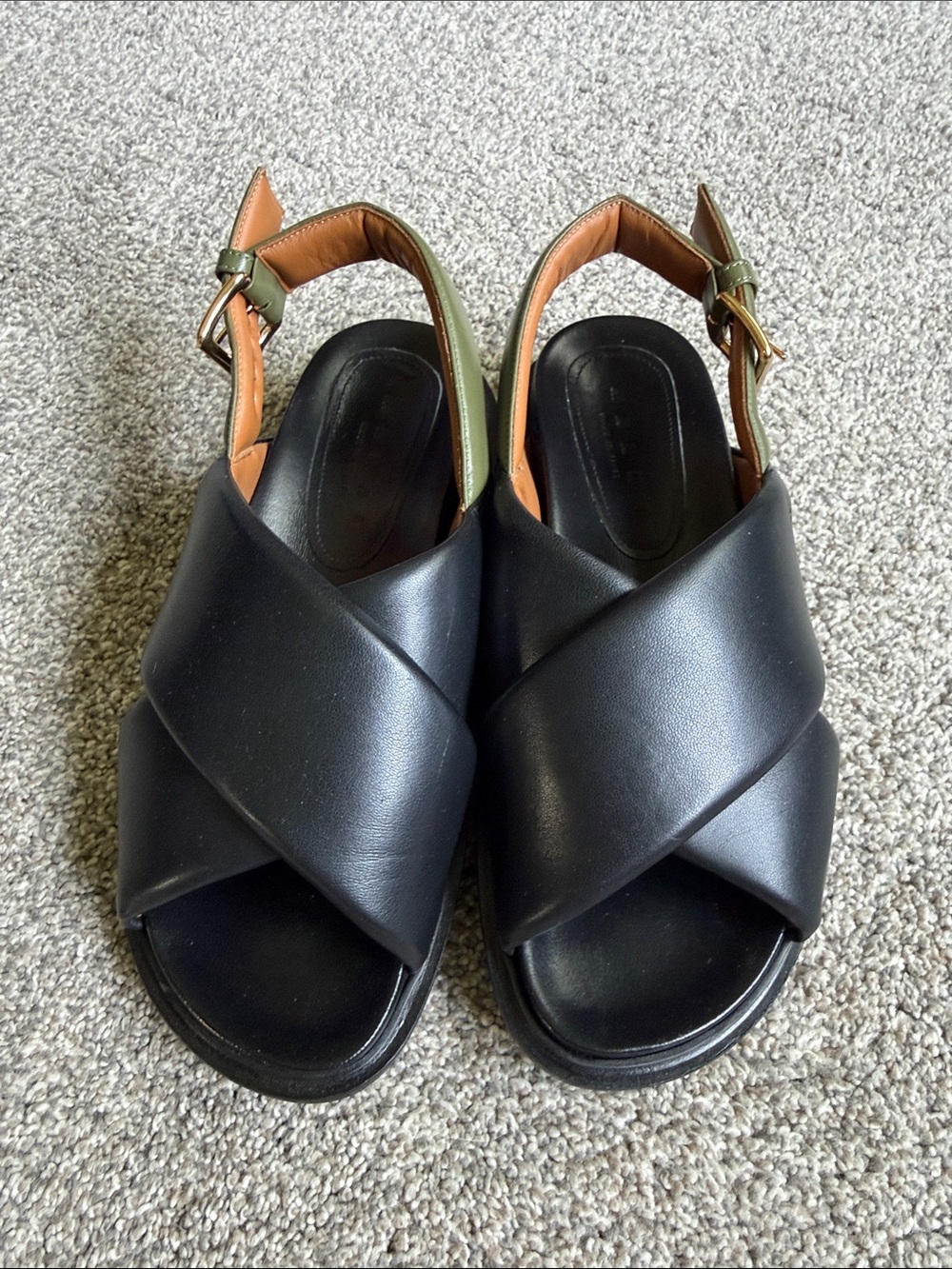 Marni Black Leather Crisscross Slingback Sandals with Tan & Olive Accents